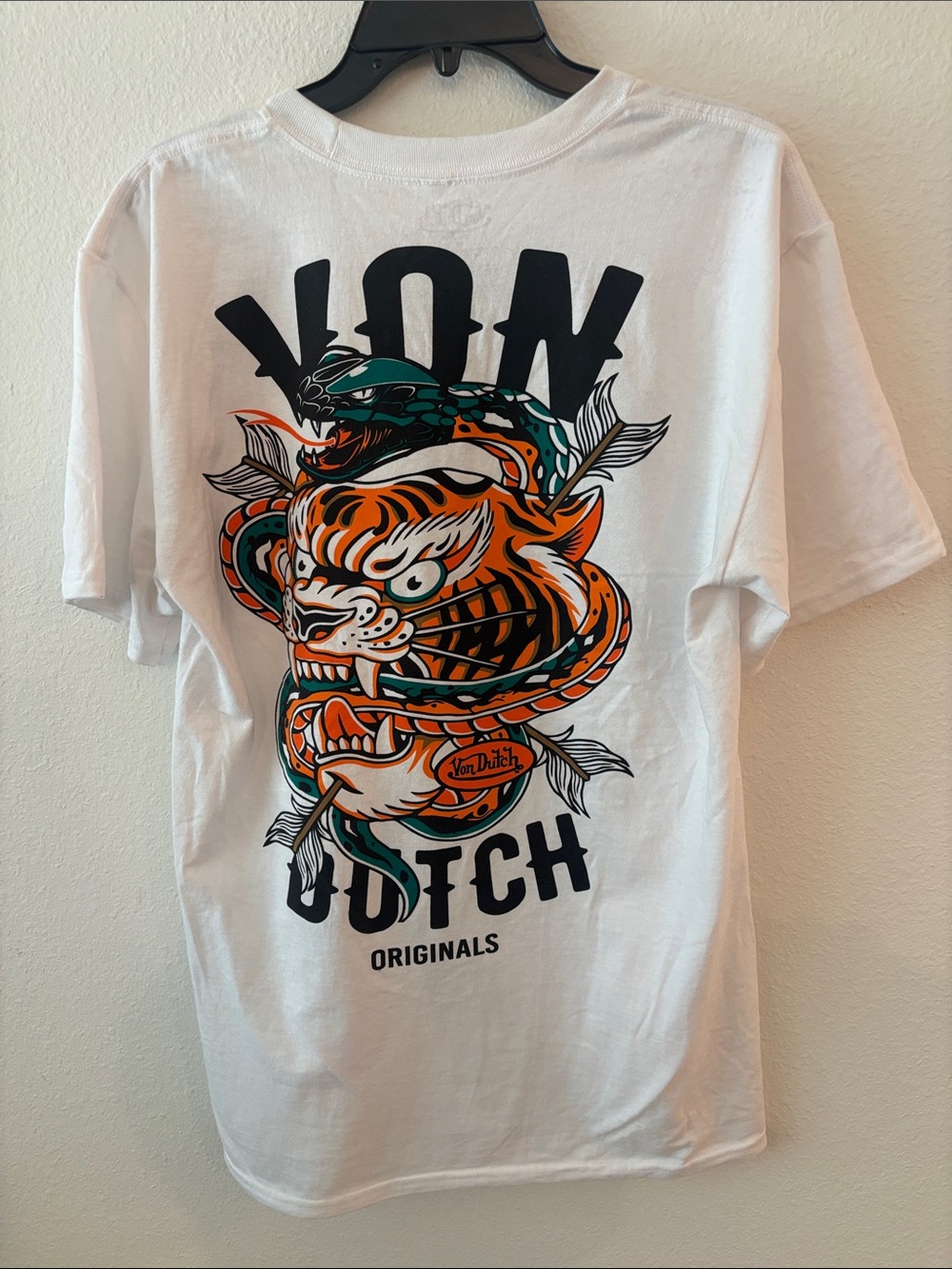 Von Dutch White Tee with Orange Tiger & Green Snake Graphic